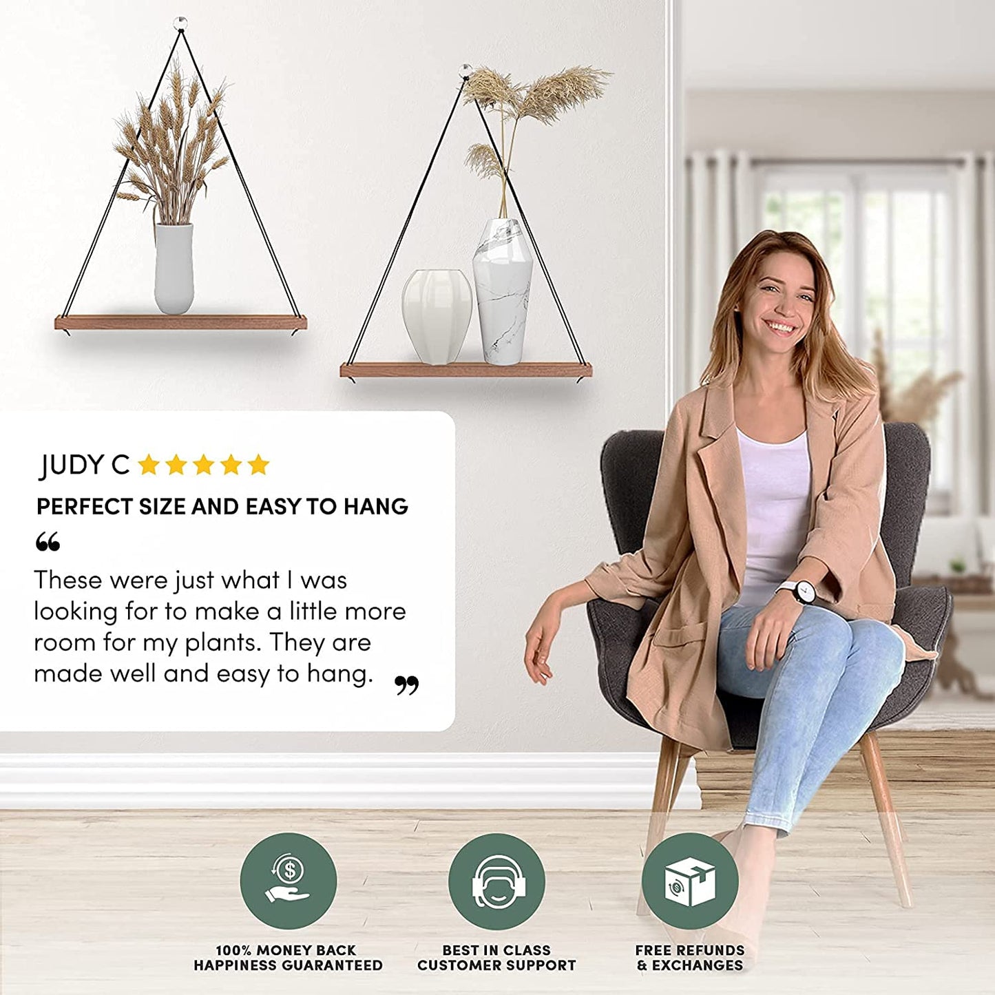 Wall Shelves: Set of 2 Wood Hanging Shelves for Decor, Plants, Book