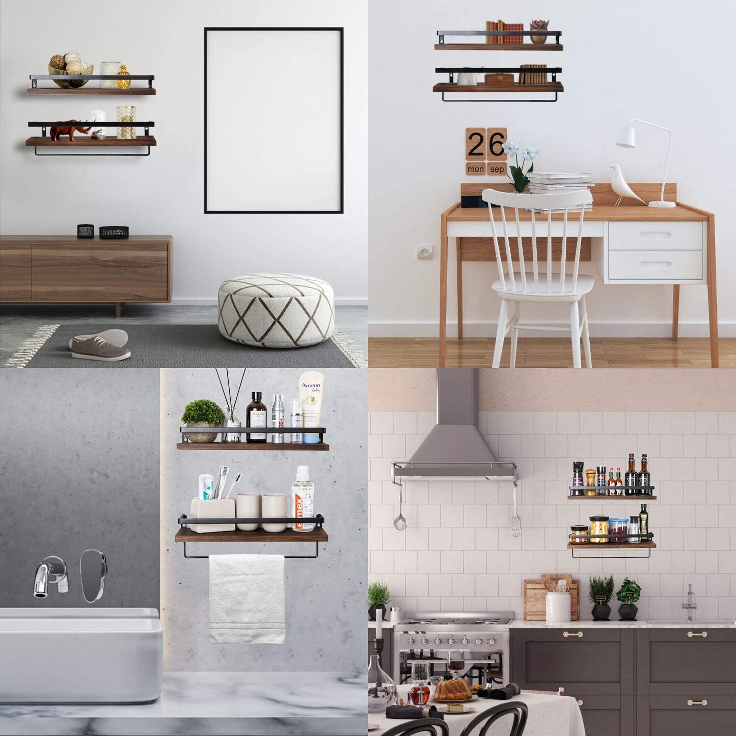 Wall Shelves Set of 2 with Removable Towel Holder, Strong Metal Frame
