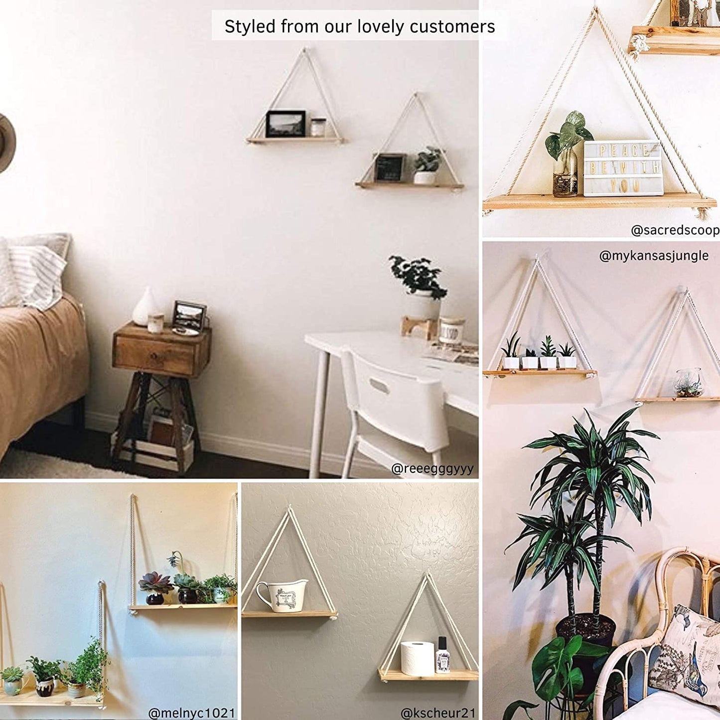Wall Shelves Wooden Shelf & Macrame Rope, Natural Light Reclaimed Wood, Swing Triangle Floating Shelf, Modern