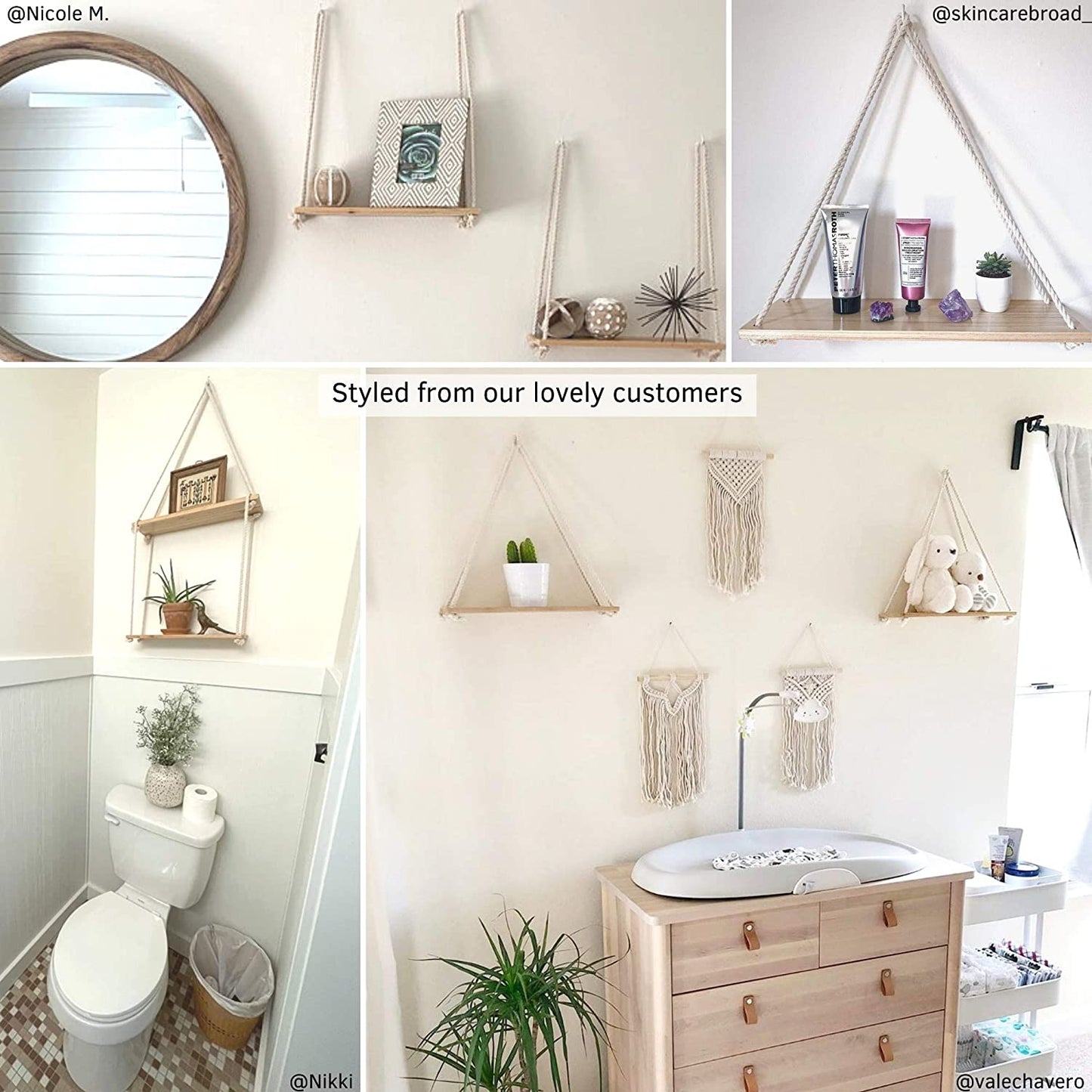 Wall Shelves Wooden Shelf & Macrame Rope, Natural Light Reclaimed Wood, Swing Triangle Floating Shelf, Modern