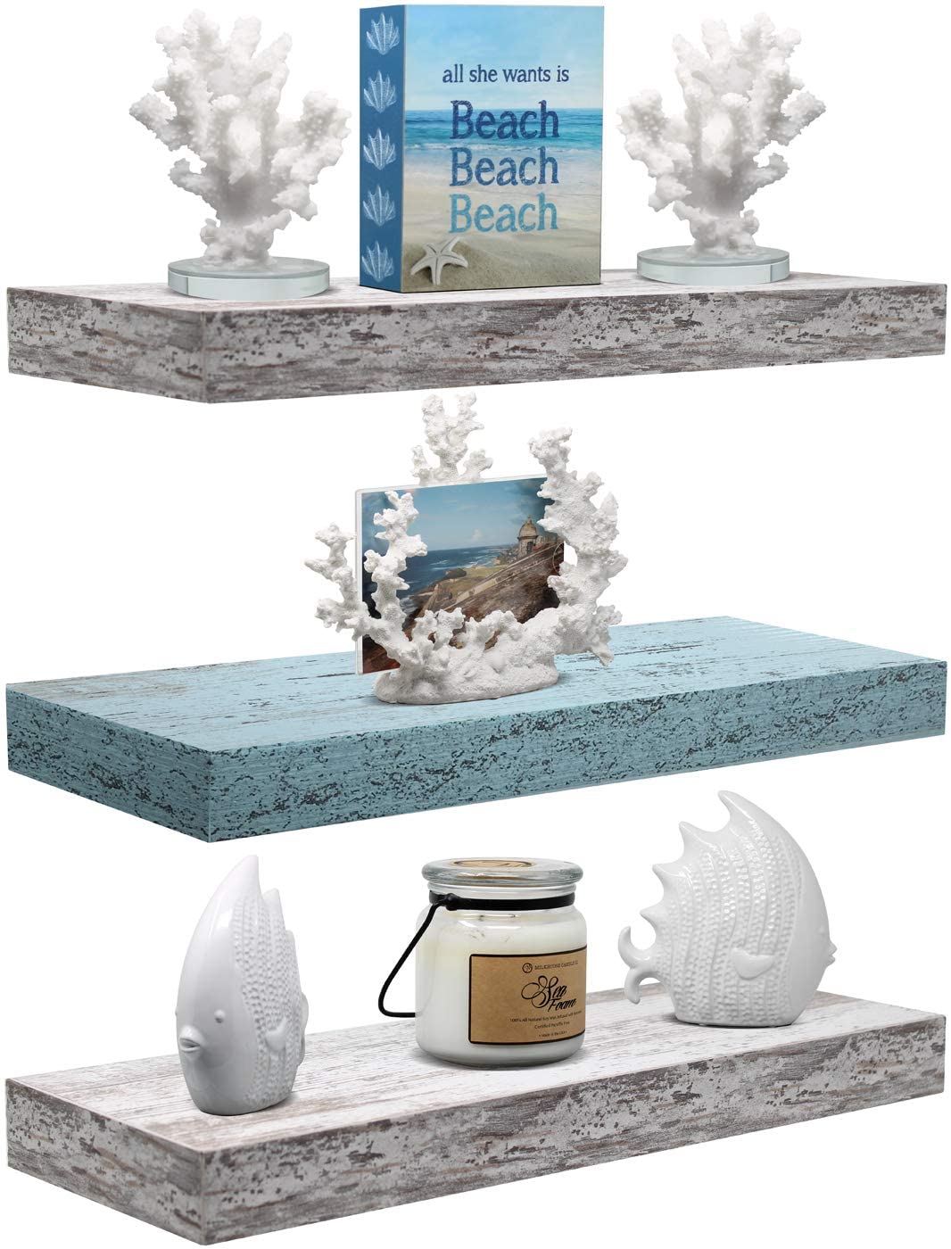 Wall Shelves for Home Décor, Trophy Display, Photo Frames, etc.(Blue White, 3 Pack)