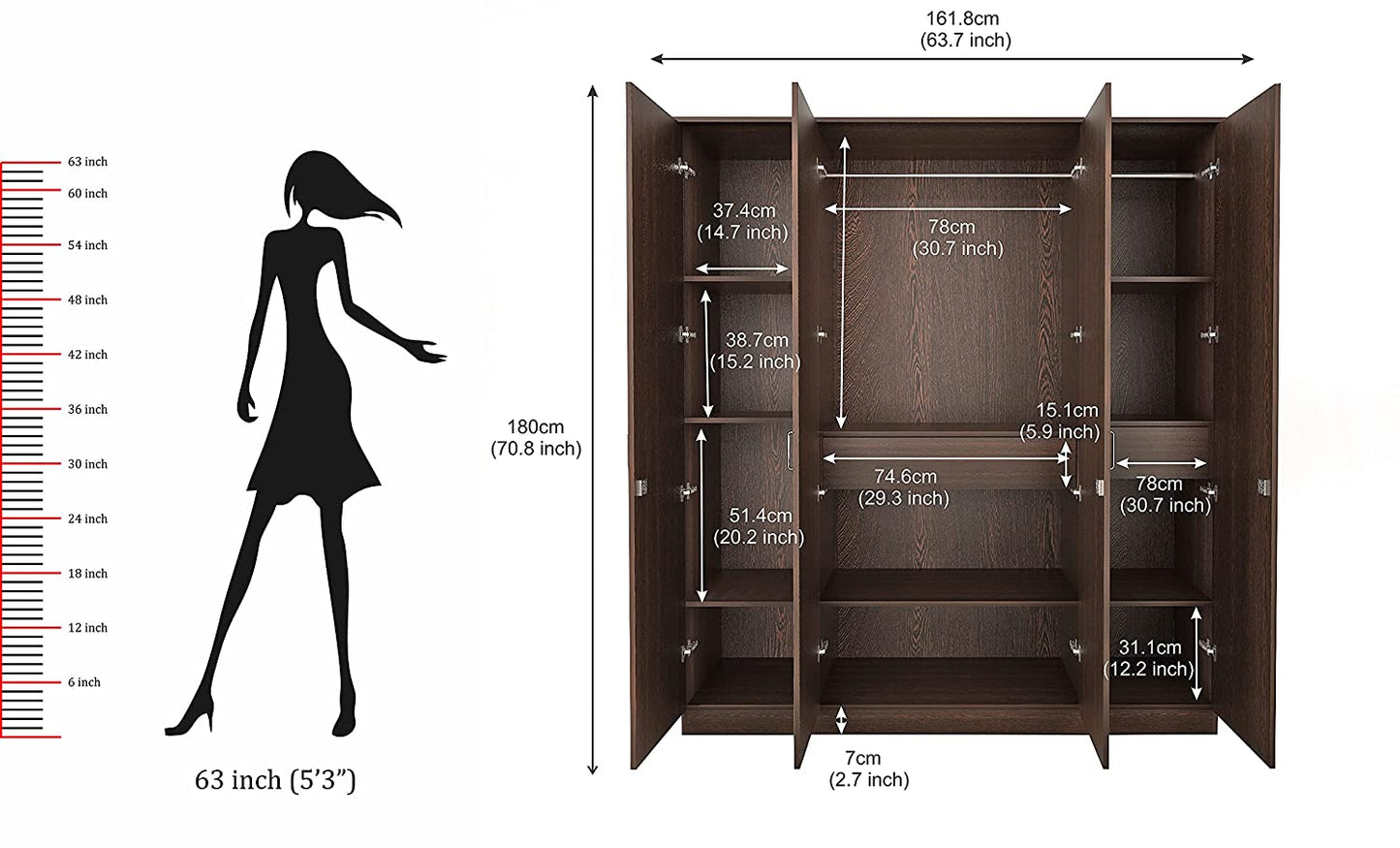 Wardrobe: Adrie 4 Door Wardrobe with Full Mirror and Drawer, (Wenge)