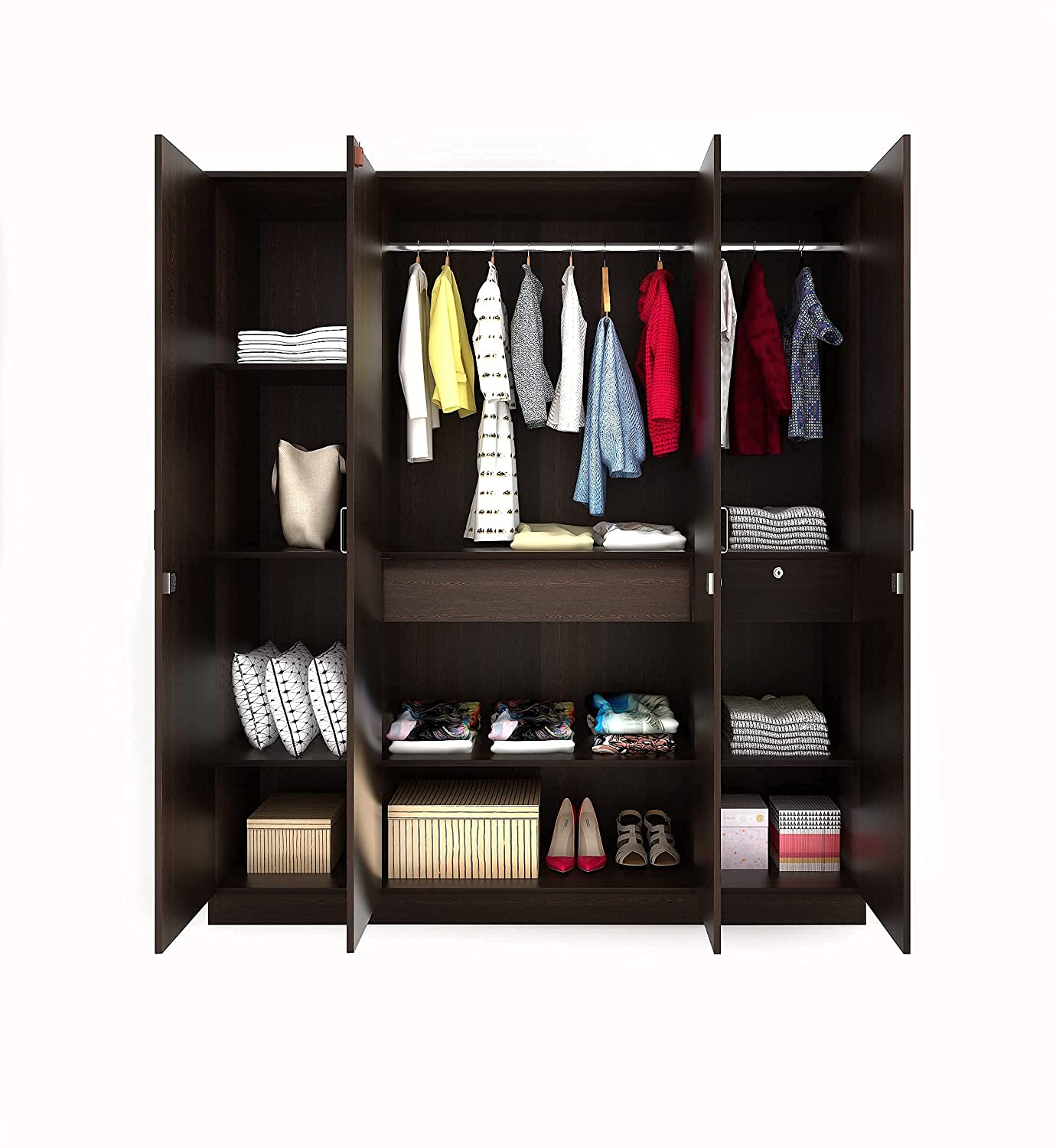 Wardrobe: Adrie 4 Door Wardrobe with Full Mirror and Drawer, (Wenge)