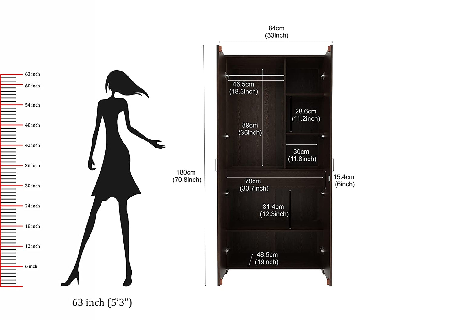 Wardrobe: Leo Double Doors Wardrobe with Drawer, (Wenge)