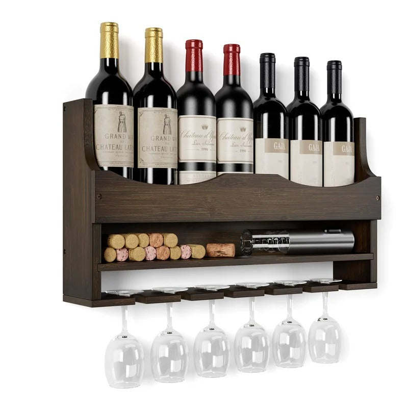 Wine Racks : 7 Bottle Solid Wood Wall Mounted Wine Bottle & Glass Rack in Espresso
