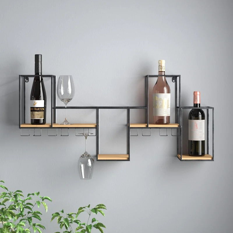Wine Racks : Wall Mounted Wine Bottle & Glass Rack in Black/Brown