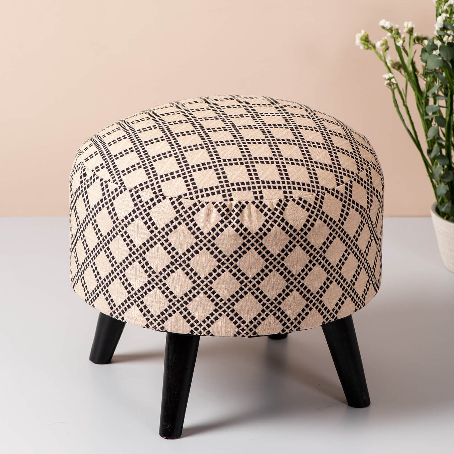 Wooden Ottomans: Cream & Black Cotton Ottoman Set of 1