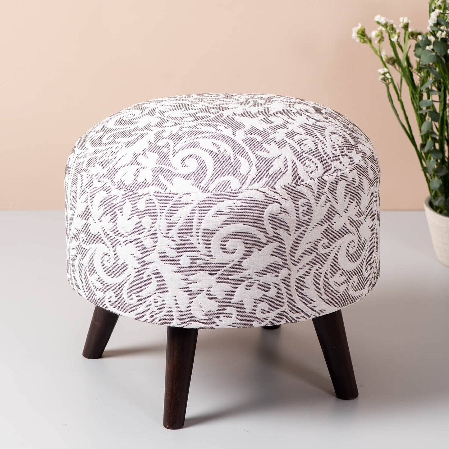 Wooden Ottomans: Grey & White Cotton Ottoman Set of 1