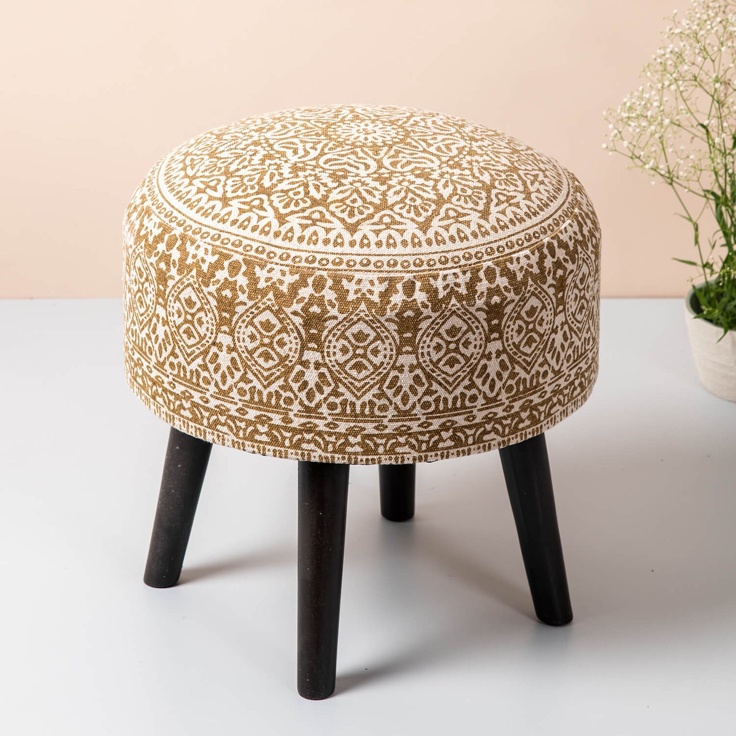 Wooden Ottomans: Yellow Printed Ottoman 17 Inch