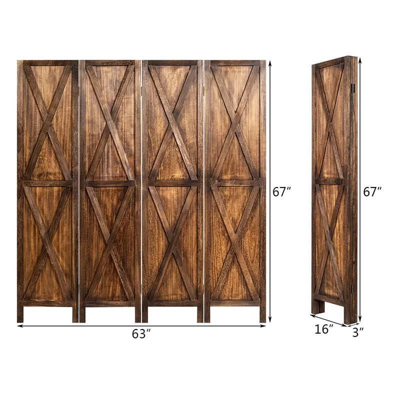Wooden Partition 63'' W x 67'' H 4 - Panel Folding Wooden Partition