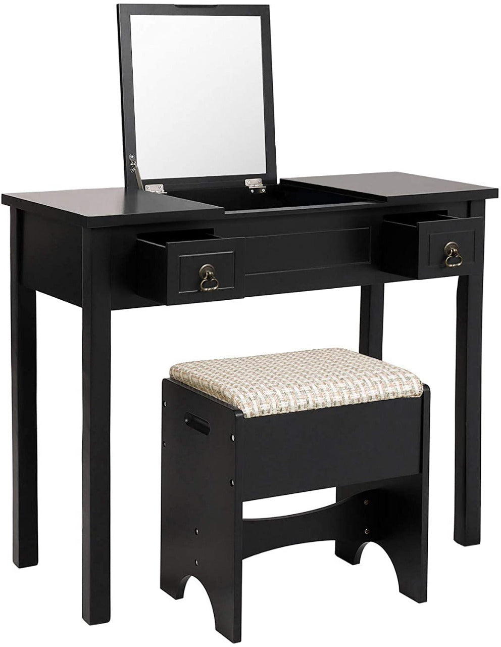 Writing Desk with 2 Drawers Cushioned Stool 3 Removable Organizers Easy Assembly (Black)