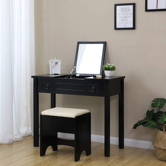 Writing Desk with 2 Drawers Cushioned Stool 3 Removable Organizers Easy Assembly (Black)