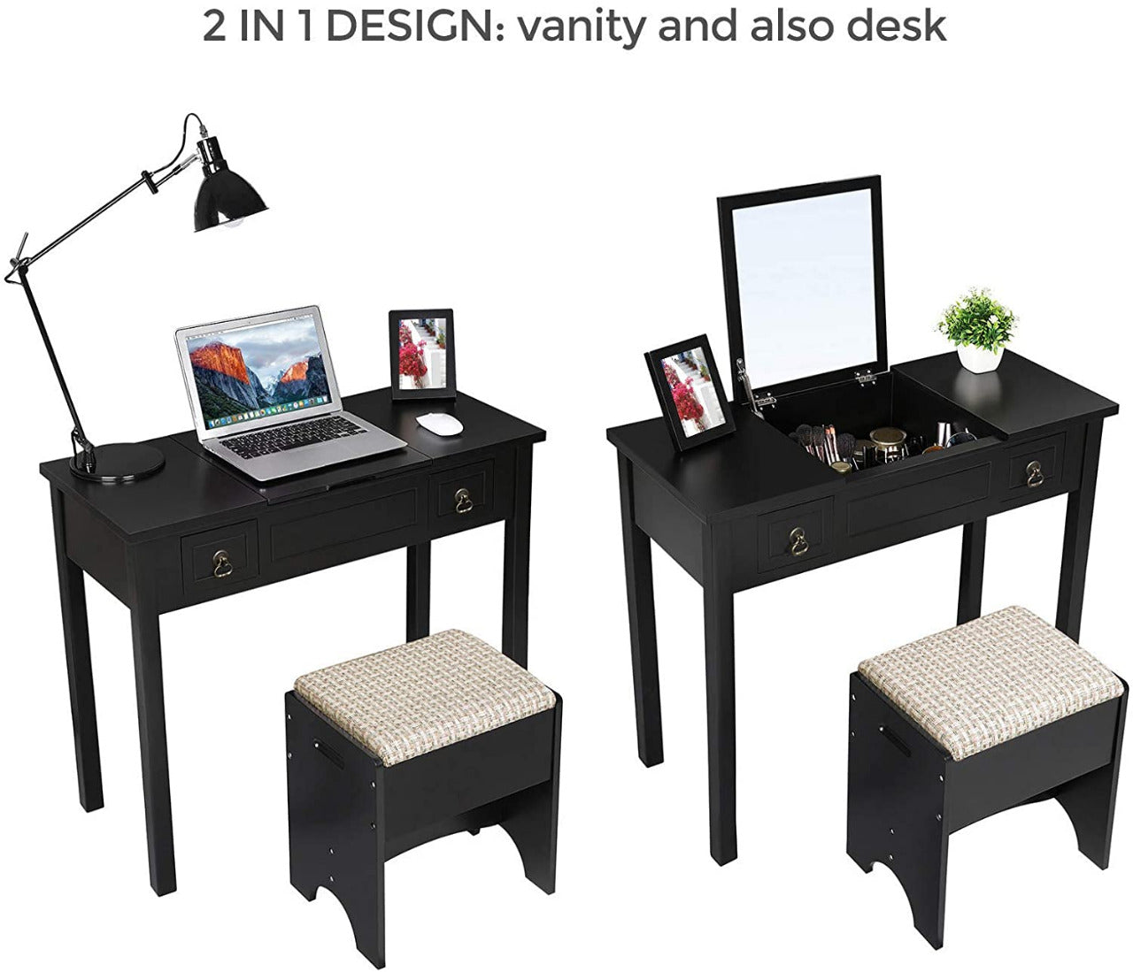 Writing Desk with 2 Drawers Cushioned Stool 3 Removable Organizers Easy Assembly (Black)
