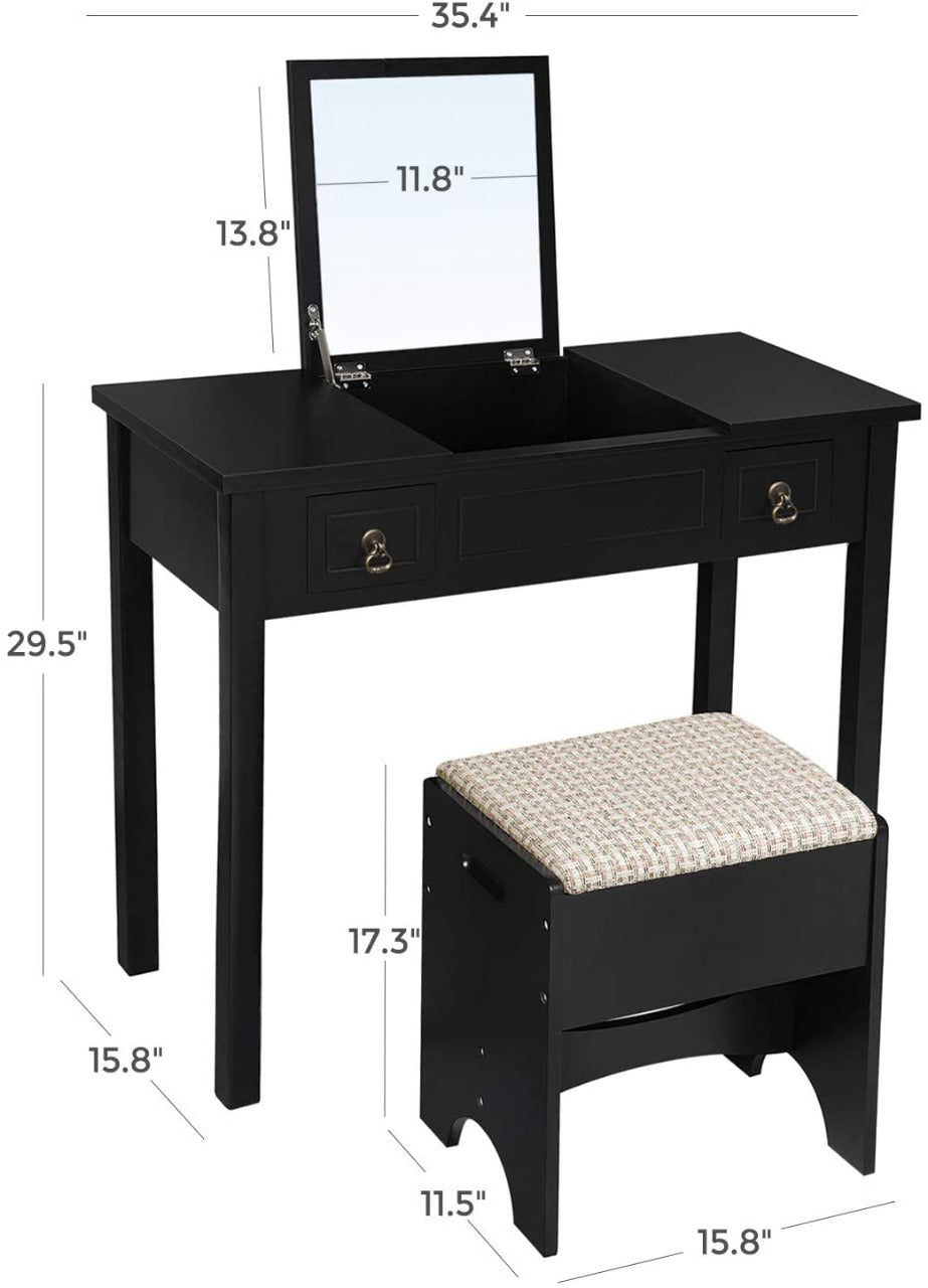 Writing Desk with 2 Drawers Cushioned Stool 3 Removable Organizers Easy Assembly (Black)
