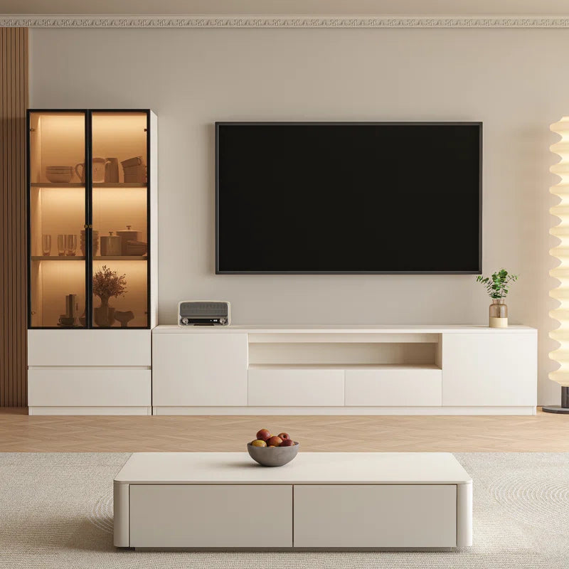 tv panel: 102" white modern entertainment set with tv panel, glass cabinet, LED lighting