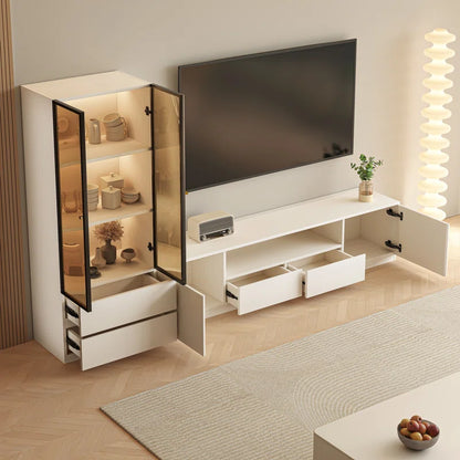 tv panel: 102" white modern entertainment set with tv panel, glass cabinet, LED lighting
