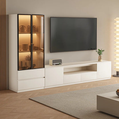 tv panel: 102" white modern entertainment set with tv panel, glass cabinet, LED lighting