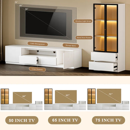 tv panel: 102" white modern entertainment set with tv panel, glass cabinet, LED lighting