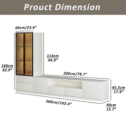 tv panel: 102" white modern entertainment set with tv panel, glass cabinet, LED lighting