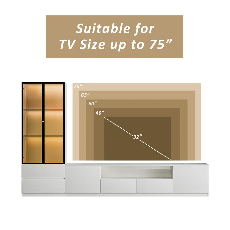 tv panel: 102" white modern entertainment set with tv panel, glass cabinet, LED lighting