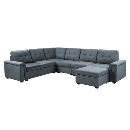 7 Seater Sofa Set: 119" Gray Woven Fabric 7-Seater Sectional Sofa