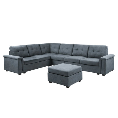 7 Seater Sofa Set: 119" Gray Woven Fabric 7-Seater Sectional Sofa