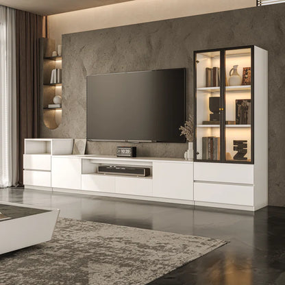 tv panel: 122" Media Console for 75" TVs with Glass and Drawer Cabinets