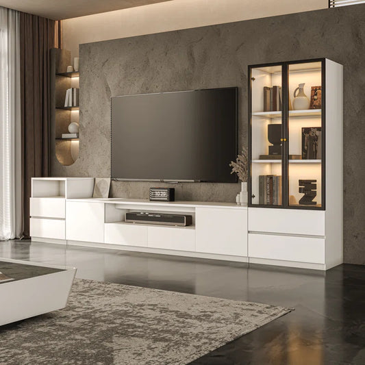 tv panel: 122" Media Console for 75" TVs with Glass and Drawer Cabinets