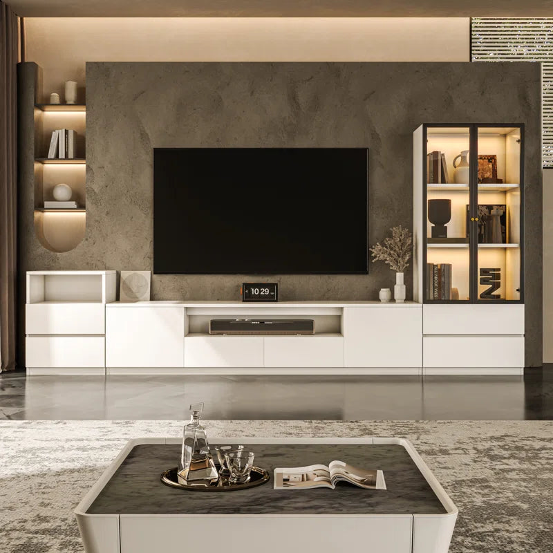 tv panel: 122" Media Console for 75" TVs with Glass and Drawer Cabinets