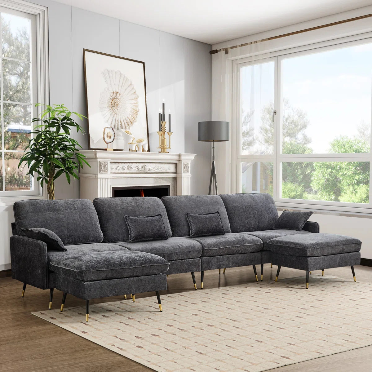 7 Seater Sofa Set: 140.5" Upholstered Modular Sectional Sofa with Chaise, 2 Ottomans & 4 Pillows