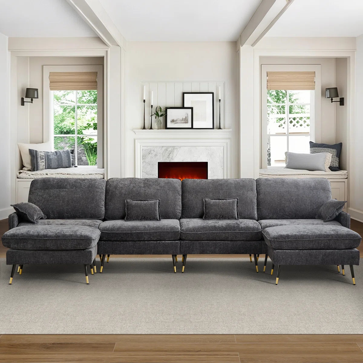 7 Seater Sofa Set: 140.5" Upholstered Modular Sectional Sofa with Chaise, 2 Ottomans & 4 Pillows