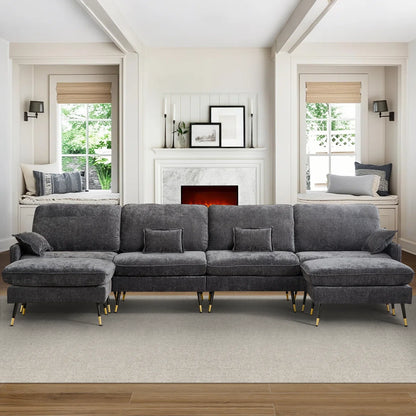 7 Seater Sofa Set: 140.5" Upholstered Modular Sectional Sofa with Chaise, 2 Ottomans & 4 Pillows