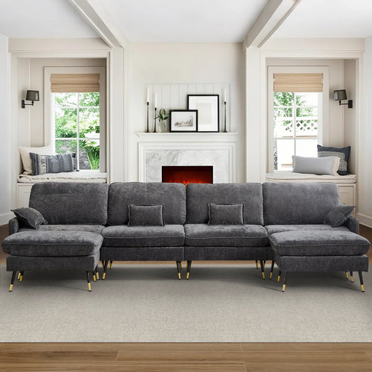 7 Seater Sofa Set: 140.5" Upholstered Modular Sectional Sofa with Chaise, 2 Ottomans & 4 Pillows