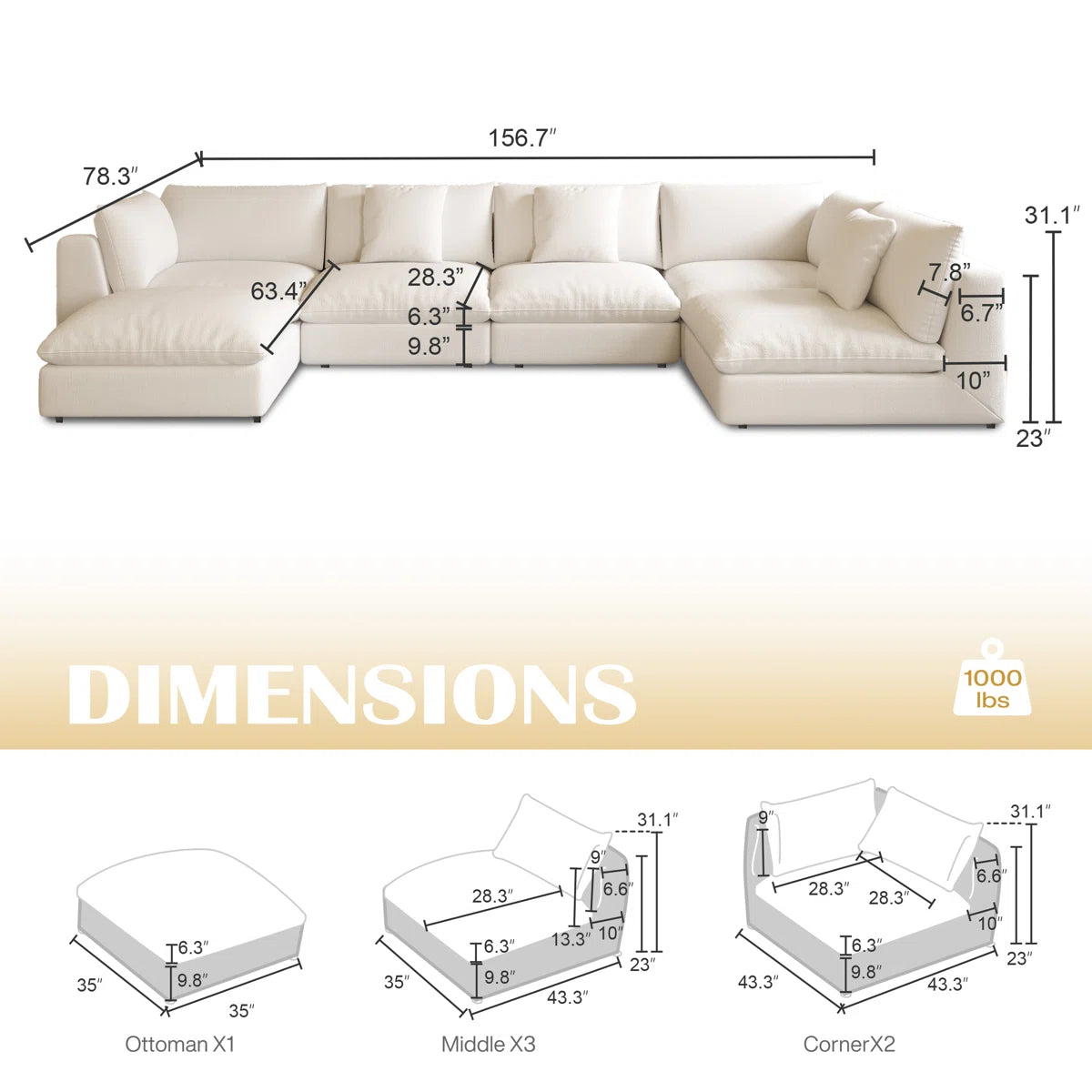 7 Seater Sofa Set: Luxury U Shaped Sectional Couch