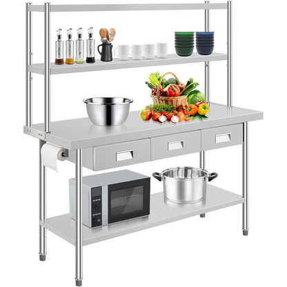 Kitchen Rack: 24'' Stainless Steel Table With Over Shelves and 3 Drawers