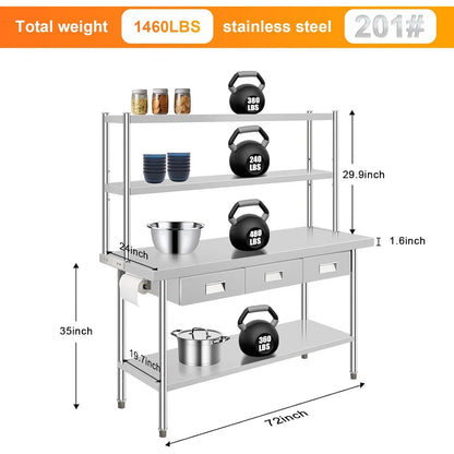 Kitchen Rack: 24'' Stainless Steel Table With Over Shelves and 3 Drawers