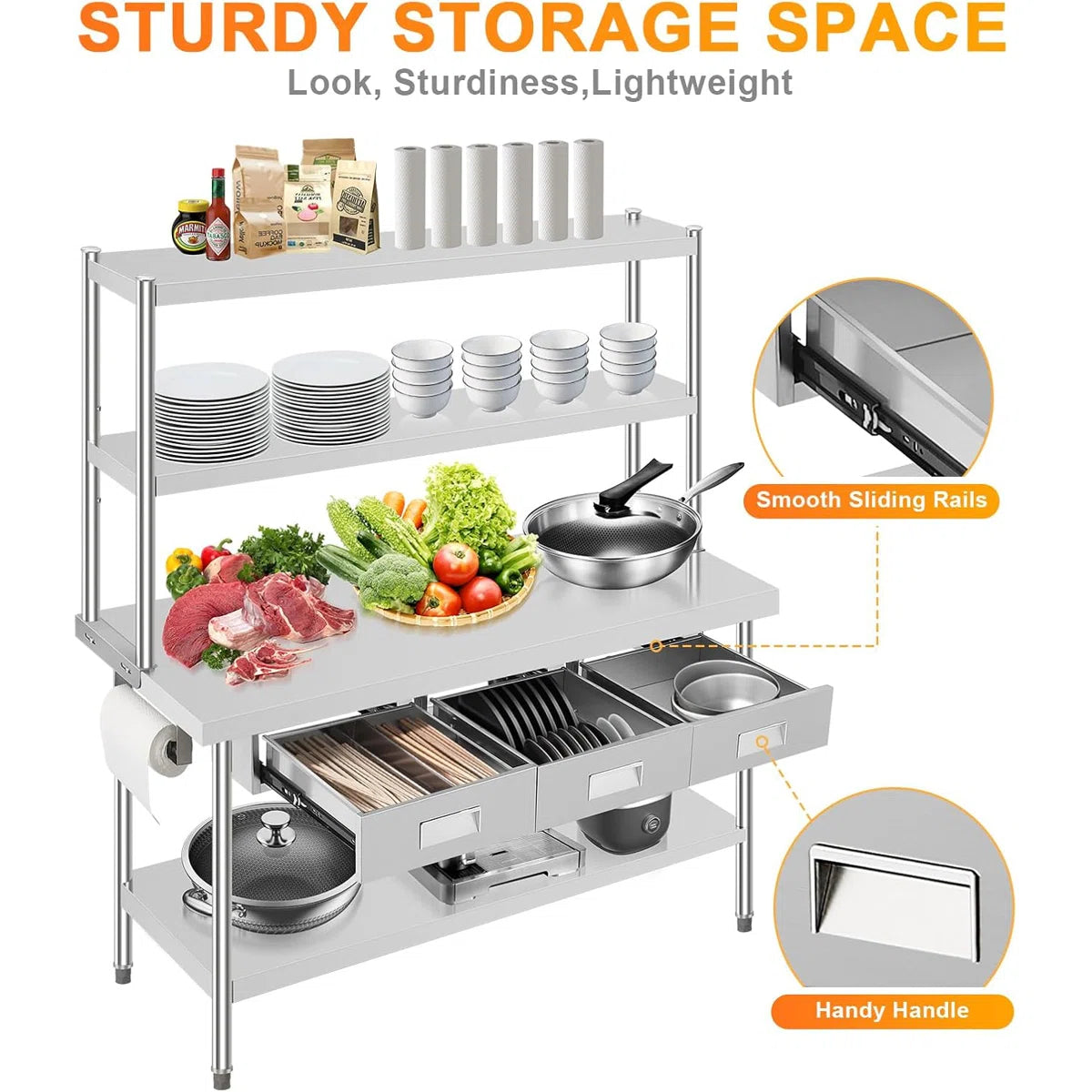 Kitchen Rack: 24'' Stainless Steel Table With Over Shelves and 3 Drawers
