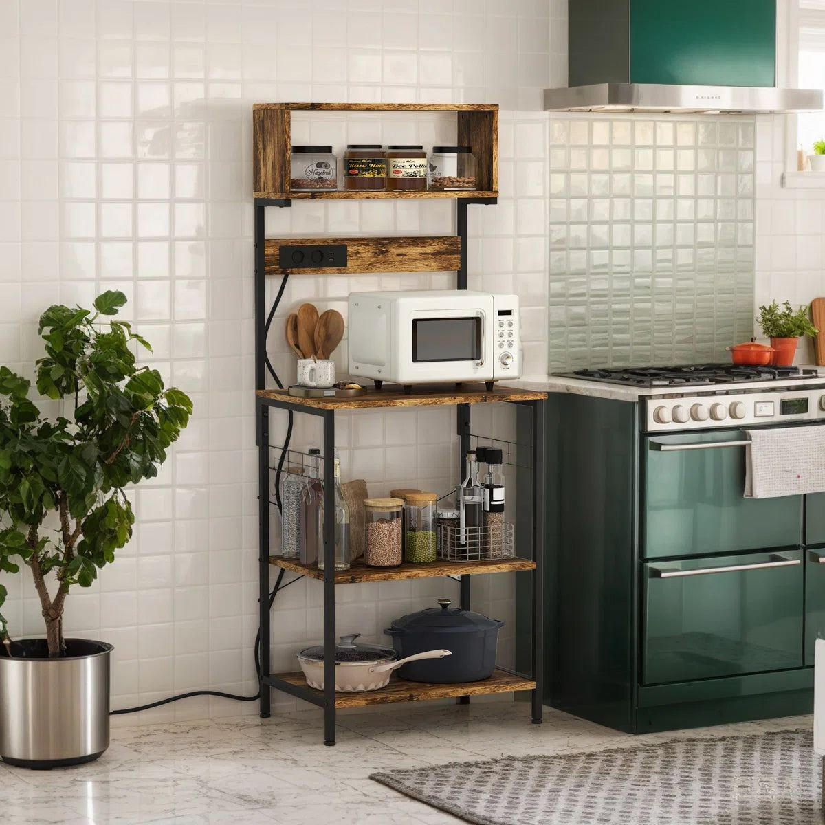 Kitchen Rack: 25.5'' Steel Standard Baker's Rack with Microwave Compatibility and Glass Holders