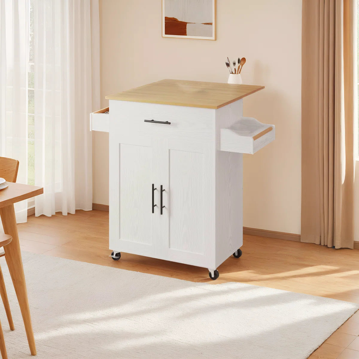 Kitchen Island Table: 35'' Foldable White Kitchen Cart with Cabinets, Drawers &amp; Wheels