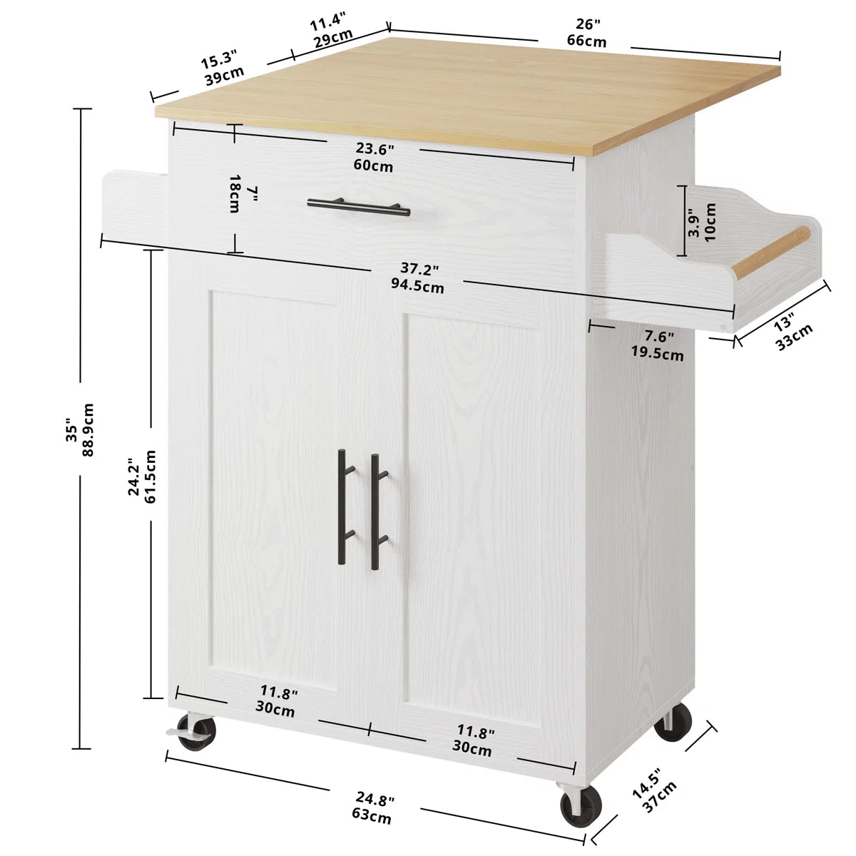 Kitchen Island Table: 35'' Foldable White Kitchen Cart with Cabinets, Drawers &amp; Wheels