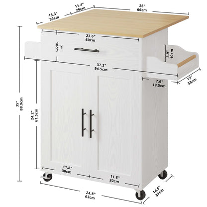 Kitchen Island Table: 35'' Foldable White Kitchen Cart with Cabinets, Drawers &amp; Wheels