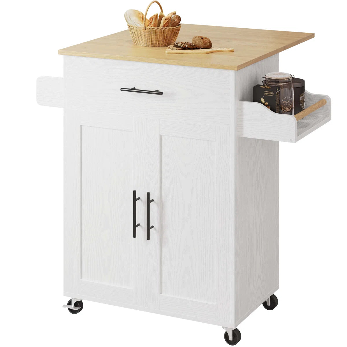 Kitchen Island Table: 35'' Foldable White Kitchen Cart with Cabinets, Drawers &amp; Wheels