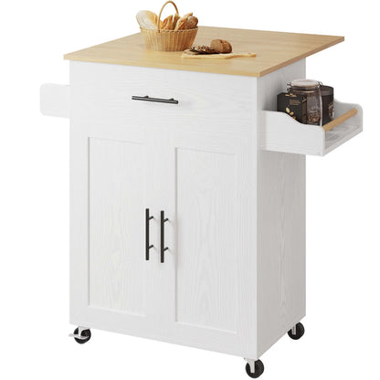 Kitchen Island Table: 35'' Foldable White Kitchen Cart with Cabinets, Drawers &amp; Wheels