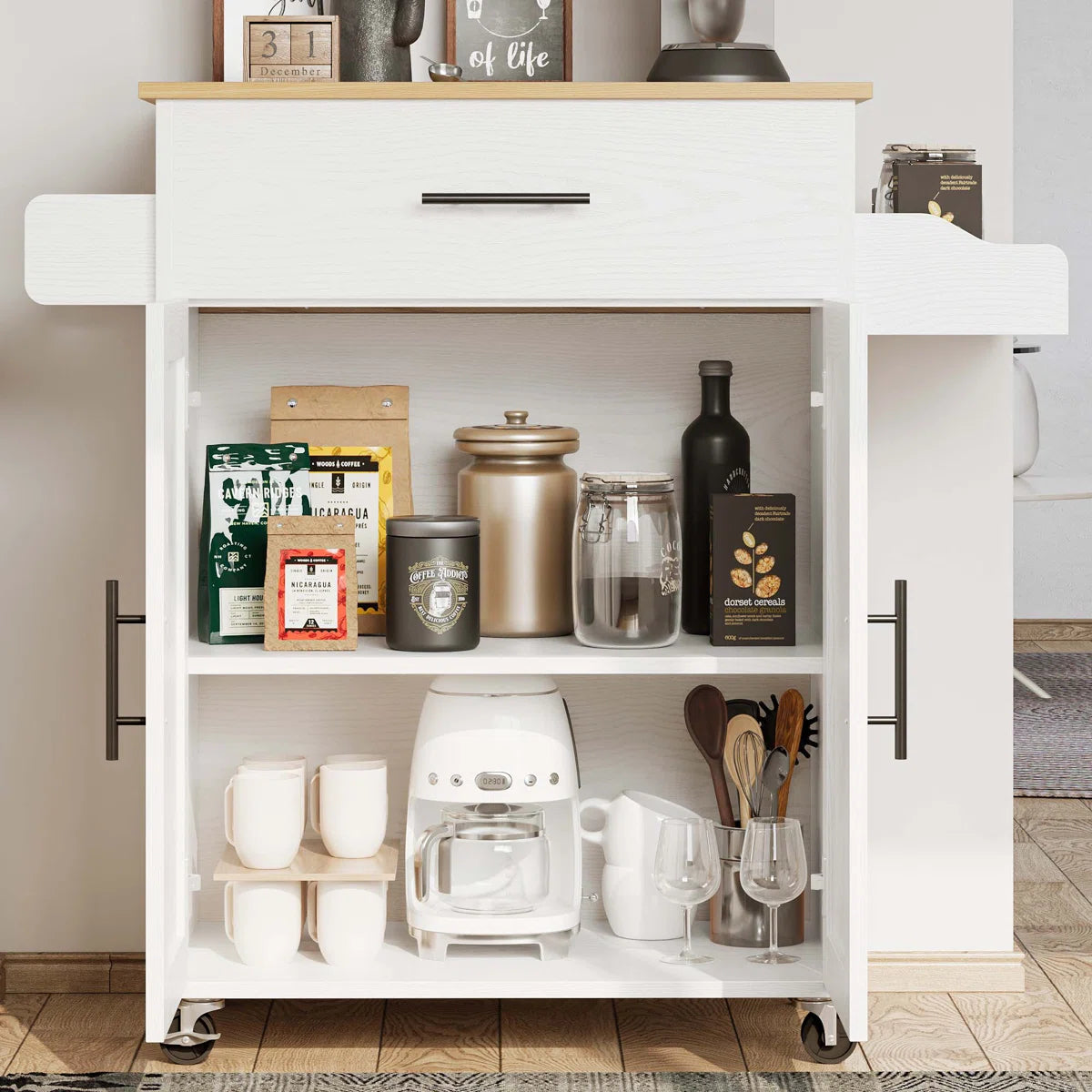 Kitchen Island Table: 35'' Foldable White Kitchen Cart with Cabinets, Drawers &amp; Wheels