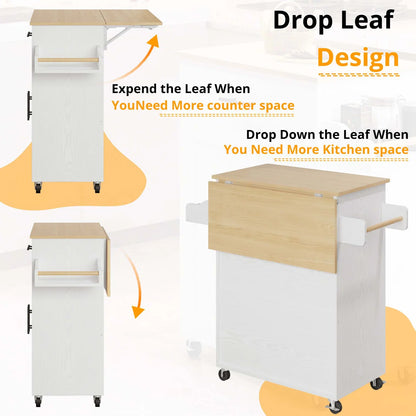 Kitchen Island Table: 35'' Foldable White Kitchen Cart with Cabinets, Drawers &amp; Wheels