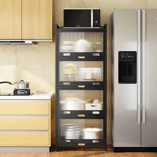 Kitchen Racks: Space-saving 27.6" kitchen rack with wooden shelves, microwave space, and sturdy design
