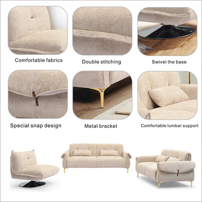 Luxury Sofa Sets: 3-Piece Swivel Chair Sofa Set in Plush Fabric with Toss Pillows