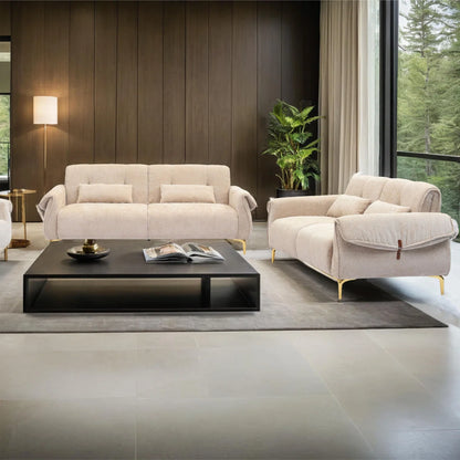 Luxury Sofa Sets: 3-Piece Swivel Chair Sofa Set in Plush Fabric with Toss Pillows