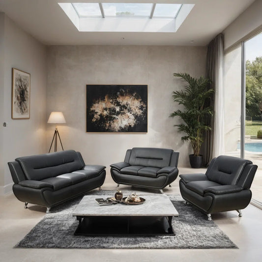 Luxury Sofa Sets: 3-Piece Faux Leather Sofa Set with Chair, Loveseat & Sofa in Modern Chrome Finish
