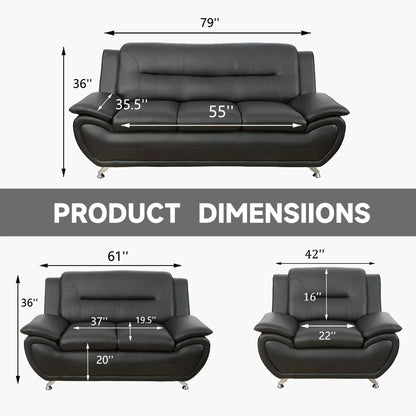Luxury Sofa Sets: 3-Piece Faux Leather Sofa Set with Chair, Loveseat & Sofa in Modern Chrome Finish